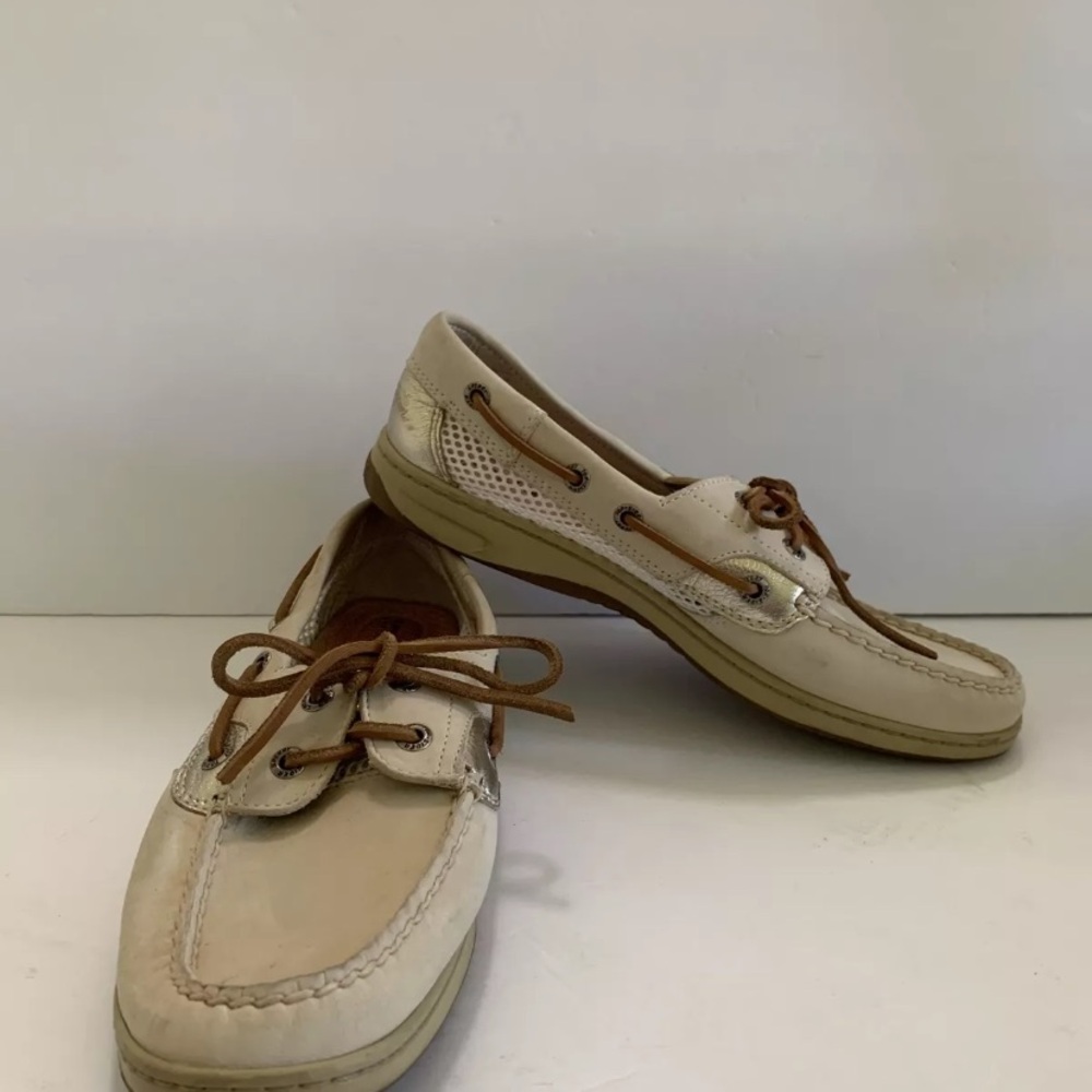 Sperry Top Sider Boat Shoes 8 M beige brown tan gold leather comfortable